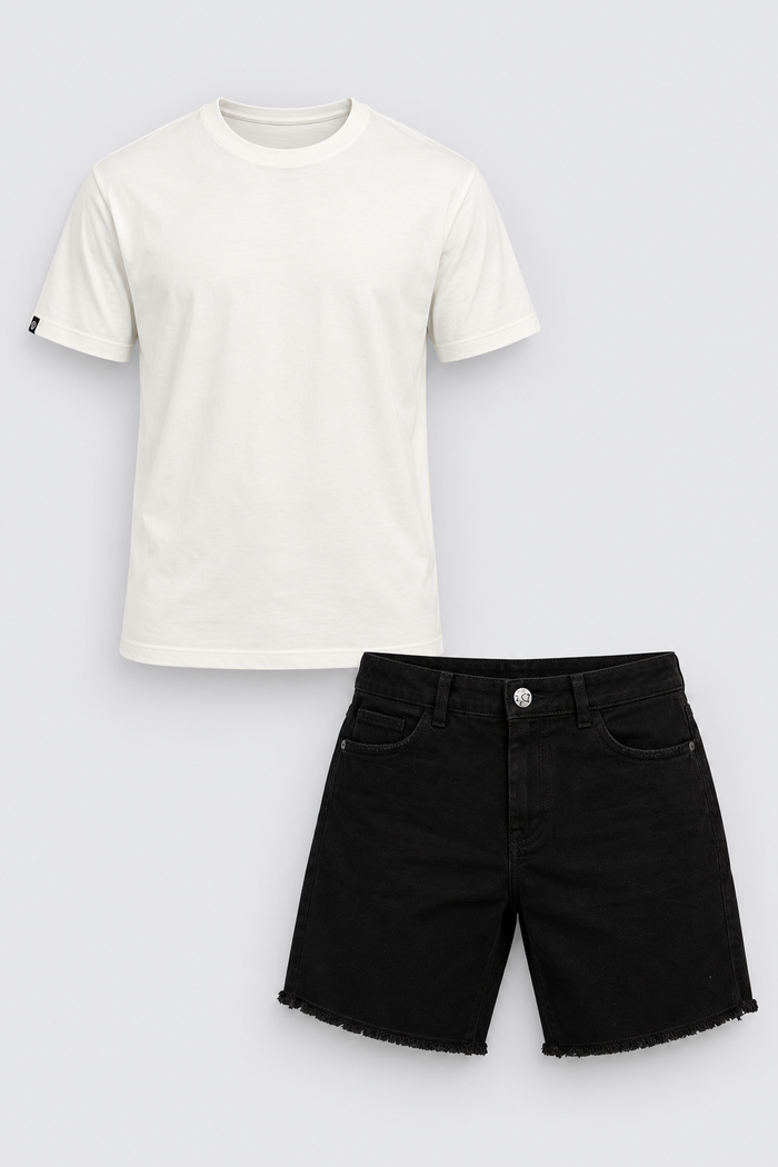 Kit Camiseta Basic Fibra Longa OffWhite + Bermuda Sarja Emive Curta Preto