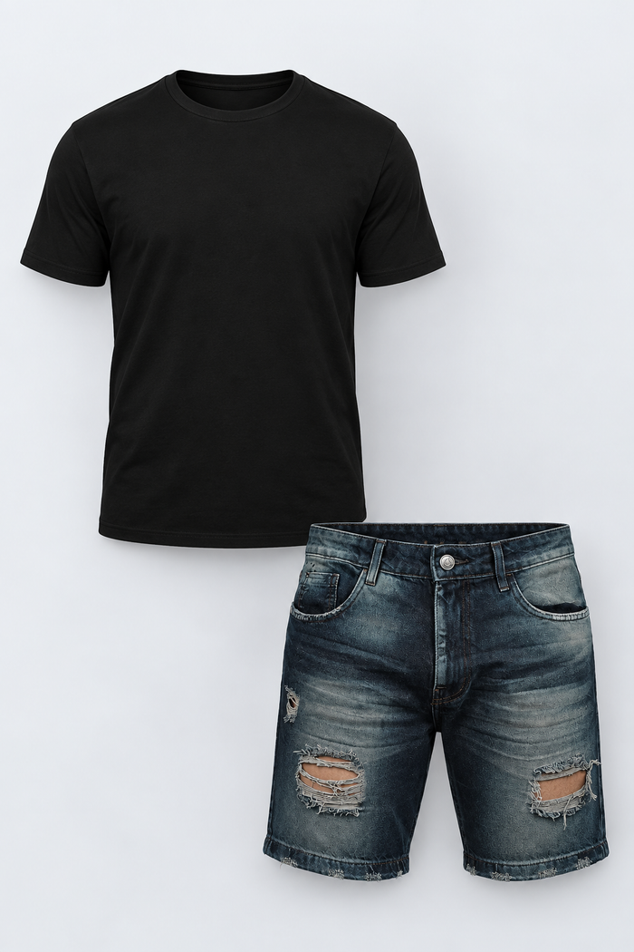 Kit Camiseta Basic Fibra Longa Preto + Bermuda Jeans Monaco Azul Escuro