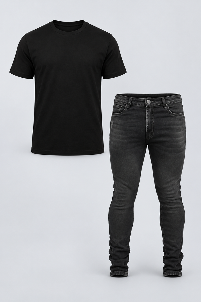 Kit Camiseta Basic Fibra Longa Preto + Calça Jeans Skinny Milano Preto