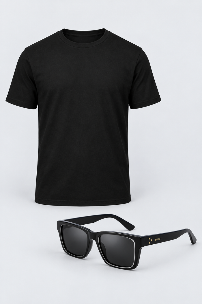 Kit Camiseta Basic Fibra Longa Preto + Óculos Cameleon Preto / Lente escura