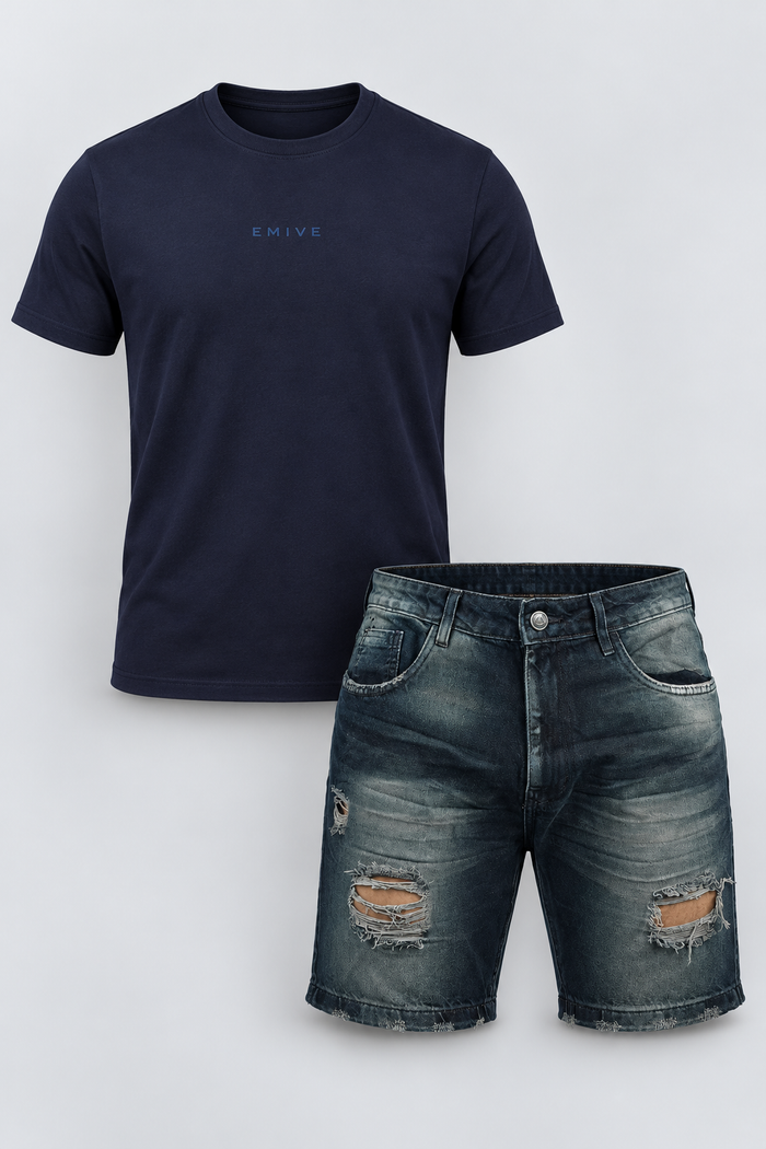 Kit Camiseta Classic Fibra Longa Azul-marinho + Bermuda Jeans Monaco Azul Escuro