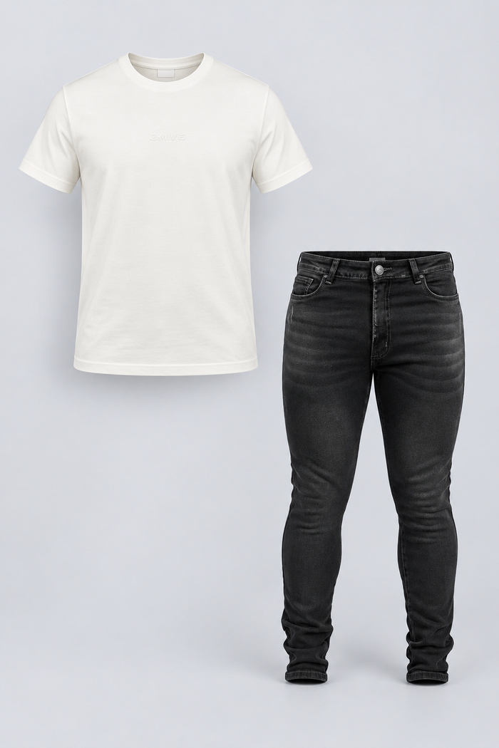 Kit Camiseta Classic Fibra Longa OffWhite + Calça Jeans Skinny Milano Preto