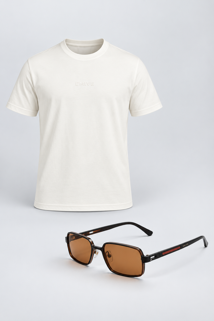 Kit Camiseta Classic Fibra Longa OffWhite + Óculos Shark Dourado / Âmbar