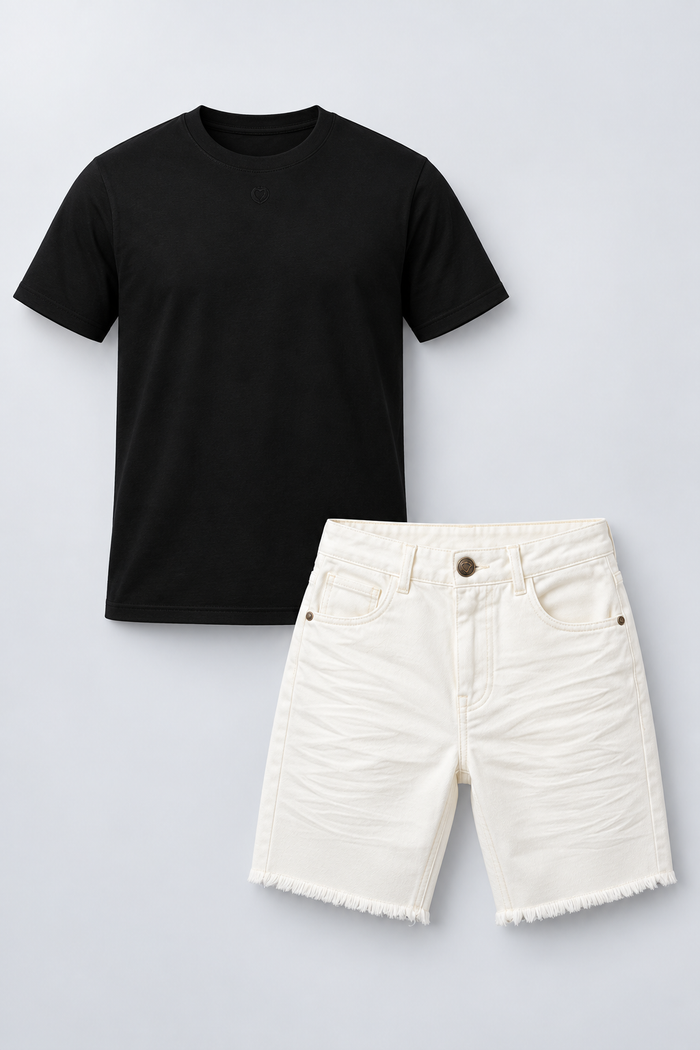 Kit Camiseta Neck Fibra Longa Preto + Bermuda Sarja Curta OffWhite