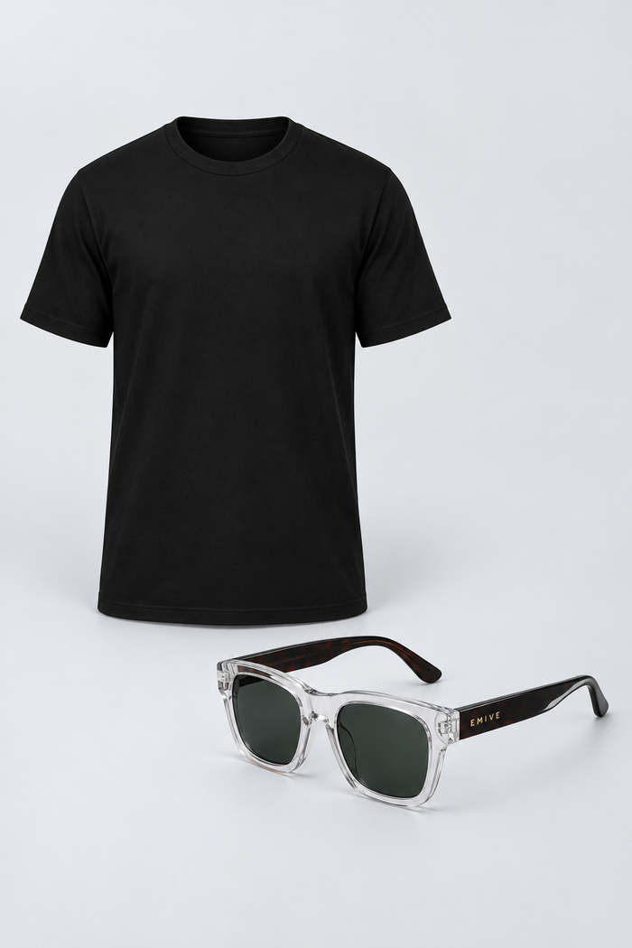 Kit Camiseta Neck Fibra Longa Preto + Óculos Monkey Cristal / Preto