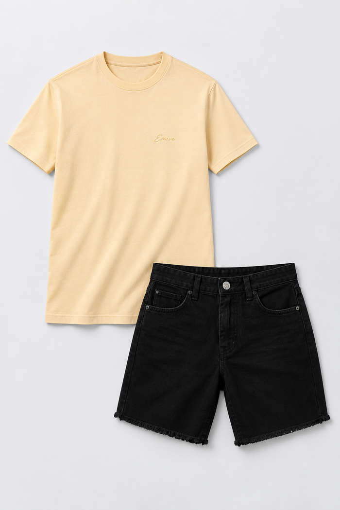 Kit Camiseta Script Line Fibra Longa Bege + Bermuda Sarja Emive Curta Preto