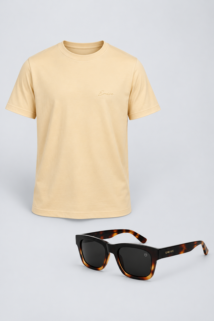 Kit Camiseta Script Line Fibra Longa Bege + Óculos Monkey Tartaruga