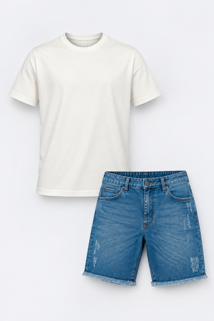 Kit Camiseta Script Line Fibra Longa OffWhite + Bermuda Jeans Basic Azul