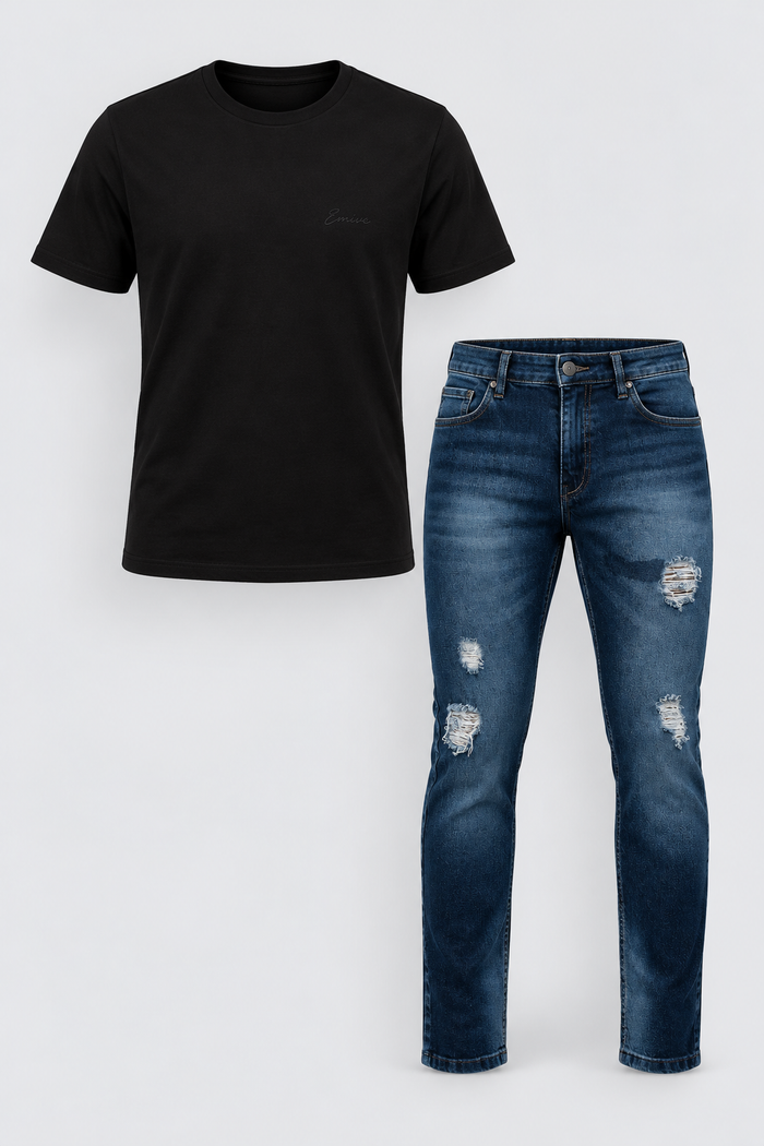 Kit Camiseta Script Line Fibra Longa Preto + Calça Jeans Dnb Destroyed Azul Escuro