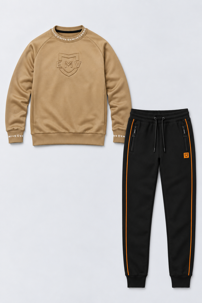 Kit Moletom Emive Careca Logo + Calça Slimcut Bege e Caramelo